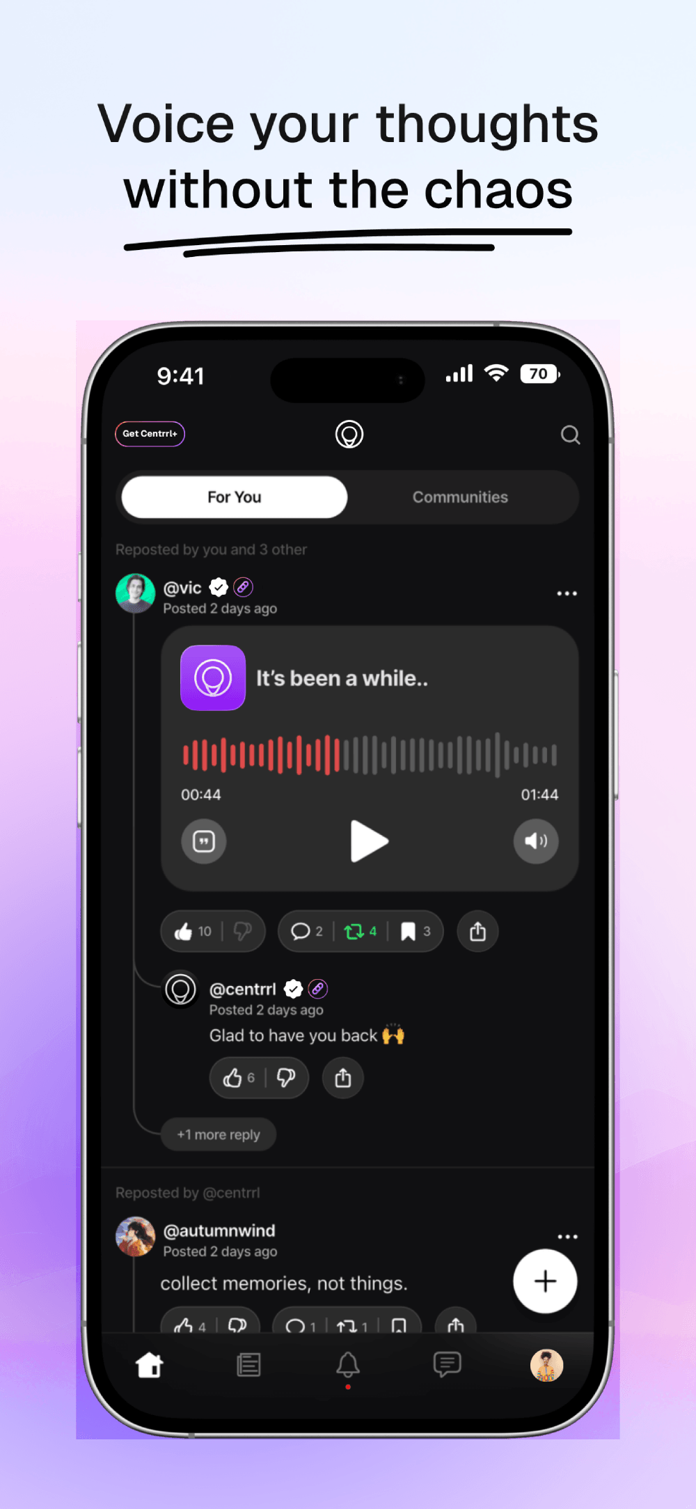 Centrrl app screenshot — chronological feed
